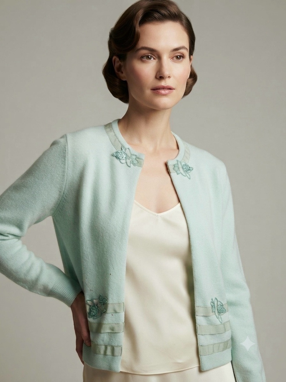Vintage Park Storyk 1950s 1960s Mint Green Cardigan Sweater Embroidered M